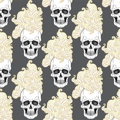 Human skull with fire or hair. Demon, fairy tale character.Mystic, magic, background. Religion and the occultism with esoteric and masonic symbols. Vector seamless pattern in retro style.