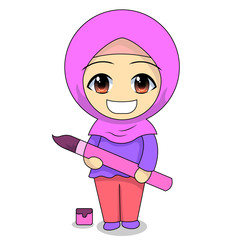 Little girls coloring. Cute Muslim children cartoon. daily fun activity. Vector - happy female Cartoon Character. illustration