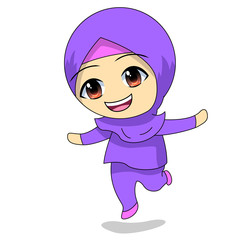 Little girl dancing. Cute Muslim children cartoon. daily fun activity. Vector - happy female Cartoon Character. illustration