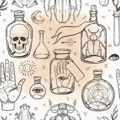 Mystic, magic, background. Religion and the occultism with esoteric and masonic symbols. Medieval manuscript inspired. Vector seamless pattern in retro style. Repeating Trendy stylish texture.