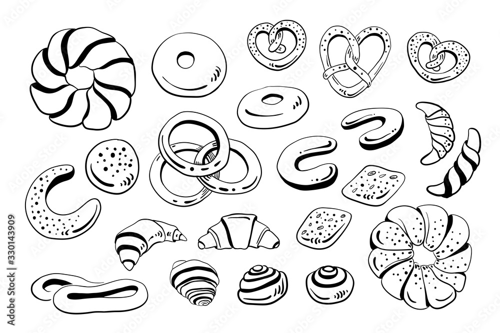 Wall mural Wheat, whole-grain and rye bread, pretzel, bagel, croissant, roll, bun. Loafs and slices. Set of bread in sketchy style isolated on white background. Doodle hand drawn bread. Vector illustration