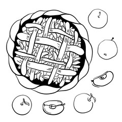 Lattice-topped apple pie with apples sketchy style isolated on white background. Doodle hand drawn bread. Vector illustration