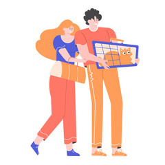 Young pretty couple with bag and carrying with cat. Moving to a new apartment house, traveling with pet. Vector flat illustration.