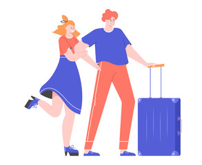 Couple of tourists with suitcase. Attractive young woman and handsome man with luggage are ready for traveling. Fun journey, road trip, honeymoon. Vector flat illustration.