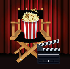 directors chair with popcorn bucket and clapboard
