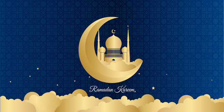 Ramadan Kareem Background. Eid Mubarak.  Ramadan Kareem background with crescent, stars and glowing clouds  - Powered by Adobe
