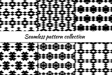 Rhombuses seamless patterns collection. Diamond, forms ornaments set. Lozenges, shapes backdrops kit. Folk backgrounds