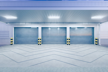 Roller door or roller shutter. Also called security door or security shutter. For protection home and industrial building i.e. factory, warehouse, hangar, workshop, store, hall or garage. 3d render.