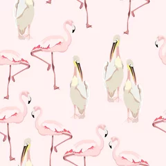 Fototapete Flamingo Seamless pattern with hand drawn cute pelicans and pink flamingo birds. Hand drawn beautiful animal design elements. 