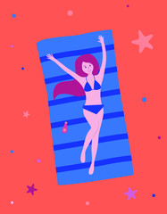 Beautiful young woman lies on a towel and sunbathes, next to it is a sunblock. Around lady the sand with shells and starfish. Vector  illustration in flat cartoon style