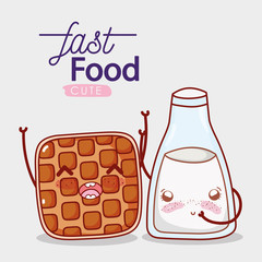 fast food cute waffle and milk bottle cartoon character