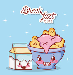 breakfast cute bowl with cereal yogurt and milk box cartoon
