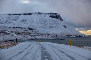 snow covered road Icelandic landscape