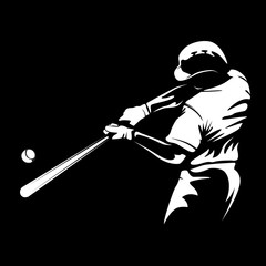 Baseball player. Baseball cap. Hitter swinging with bat. Abstract isolated vector silhouette. Iink drawing