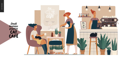Cat cafe - small business graphics - visitor and waitress