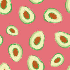 Avocado seamless vector pattern background. Hand drawn painterly fruit illustration on pink backdrop. Modern minimalist color clash all over print. Hot summer vegetarian barbecue concept.