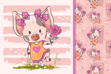 Obraz na płótnie Canvas hand drawn a little pig with flowers