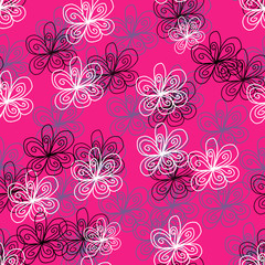 Seamless repeat pattern with hand drawn white, black, beige flowers on pink background.Great for wedding decor, wrapping paper, background, fabric print, web page backdrop, wallpaper