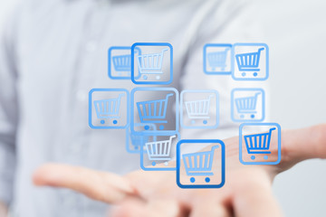 Businessman pressing modern technology panel shopping cart web phone credit card.