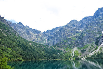 Mountain range reflected in emerald green lake in Morskie Oko (Eye of the Sea), Zakopane (Poland and Slovakia)