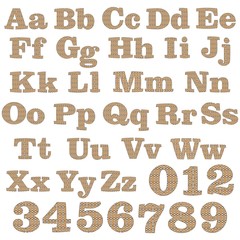 English alphabet and numbers. decorative school kit. openwork brown letters on a white background. numbers from 0 to 9.