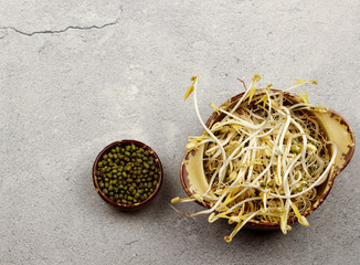 Fototapeta premium Mung beans sprouts in a bowl on a light background. Top view, flat lay