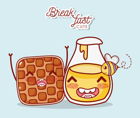 fast food waffle and honey bottle bee cartoon character