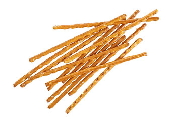 Bread sticks straws with salt on a white background. Salty snacks.