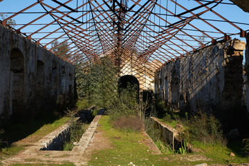 Abandoned ruin mine buildings red landscape in Mina de Sao Domingos, Portugal