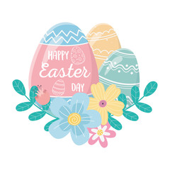 happy easter day, lettering in egg and decorative eggs flowers foliage
