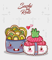 kawaii sushi salmon wasabi and salad food japanese cartoon, sushi and rolls