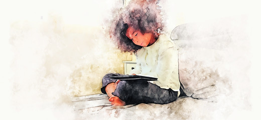 Abstract colorful kid girl reading tablet smart on bedroom on watercolor illustration painting background.