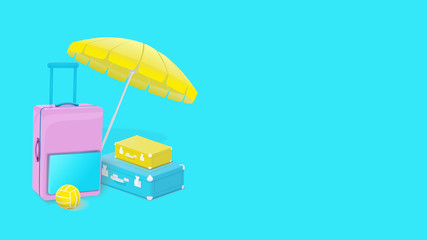 Traveling  background. Trip concept. Tourist luggage. Traveler bag. Modern pastel color. Plain fly. Vocation. Summer holiday. Voyage. Adventure.