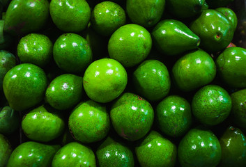 Plenty fresh green avocados on the counter at the market