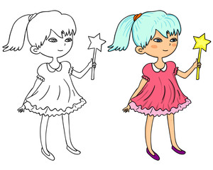 Coloring book, cute girl with a magic wand with an example of coloring.