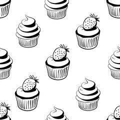Seamless pattern with cupcakes in sketchy style isolated on white background. Hand drawn vector illustration