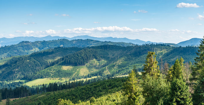 scenery of Kysucka vrchovina and Krivanska Mala Fatra mountains from view tower above Zborov nad Bystricou village in Slovakia