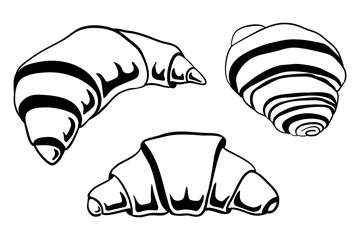 Set of croissants in sketchy style isolated on white background. Hand drawn vector illustration