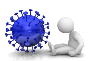 Coronavirus Covid-19 2019-nCov Sars-CoV-2 blue disease sign symbol icon sick infected ill sitting stick man patient 3d rendering
