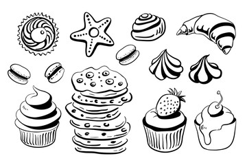 Croissant, cinnamon roll, cupcakes, macaroons, cookies, meringues. Set of desserts  in sketchy style isolated on white background. Doodle hand drawn desserts. Vector illustration