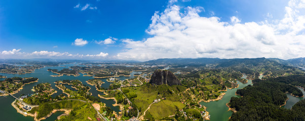 Aerial Panoramic view landscape of the Rock of Guatape, Piedra Del Penol, Colombia. - 330155110