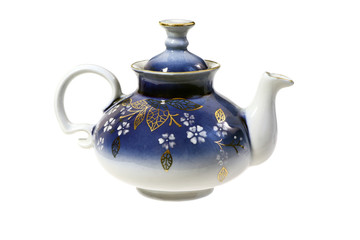 A blue tea pot isolated on a white background.