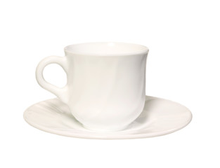 White coffee cup with saucer isolated on a white background.