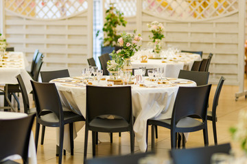 Restaurant table set for a wedding banquet