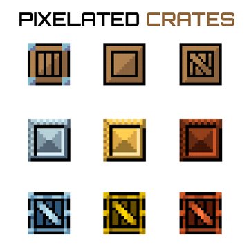 Nine different metal and wood pixelated crates in brown, gold and silver colors for videogames and illustrations.