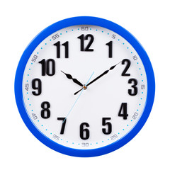 blue and white round clock isolated on white background