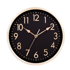 Black round clock with  golden hands isolated on white background