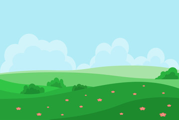 Vector illustration in cartoon style with fields and green hills. Spring or summer landscape.