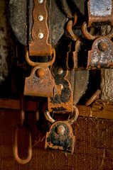 Detail of plow horse rigging hanging in 1890's barn.
