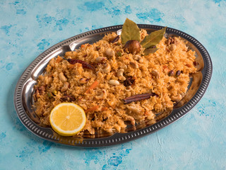 Traditional Arabic Basmati rice with vegetables. Arabic cuisine. Vegetable Biryani
